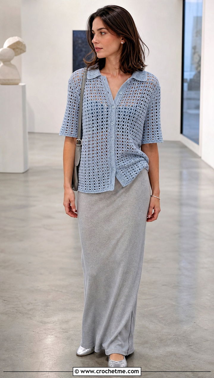 Icy Blue Sheer Stussy Crochet Shirt With Column Skirt - 15 stussy crochet shirt outfit ideas