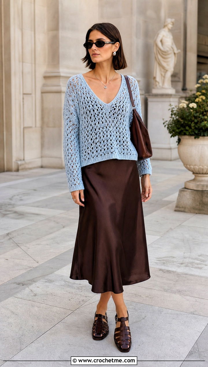 Icy Blue V Neck Crochet Sweater With Slip Dress - 35 crochet light sweater outfit ideas