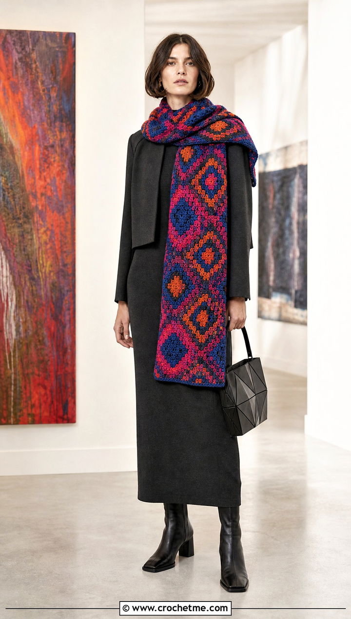 Ikat Inspired Tapestry Crochet Scarf With Minimalist Outfit - 35 tapestry crochet scarf outfit ideas