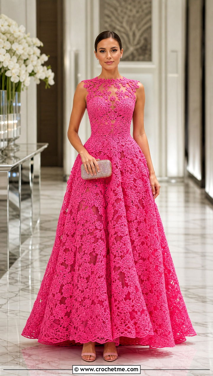 Illusion Neckline Crochet Ball Gown With Crystal Clutch - 30 crochet ball gown dress outfit ideas
