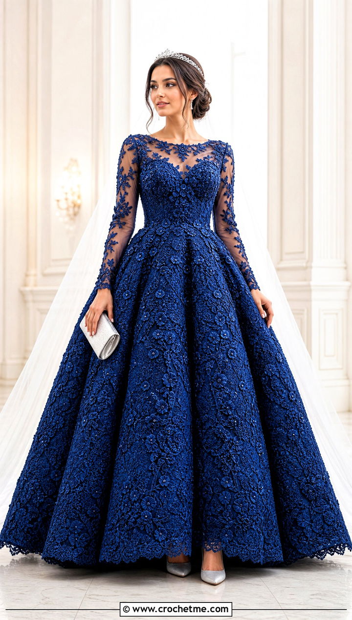 Illusion Sleeve Crochet Ball Gown With Crystal Tiara - 30 crochet bridal dress outfit ideas