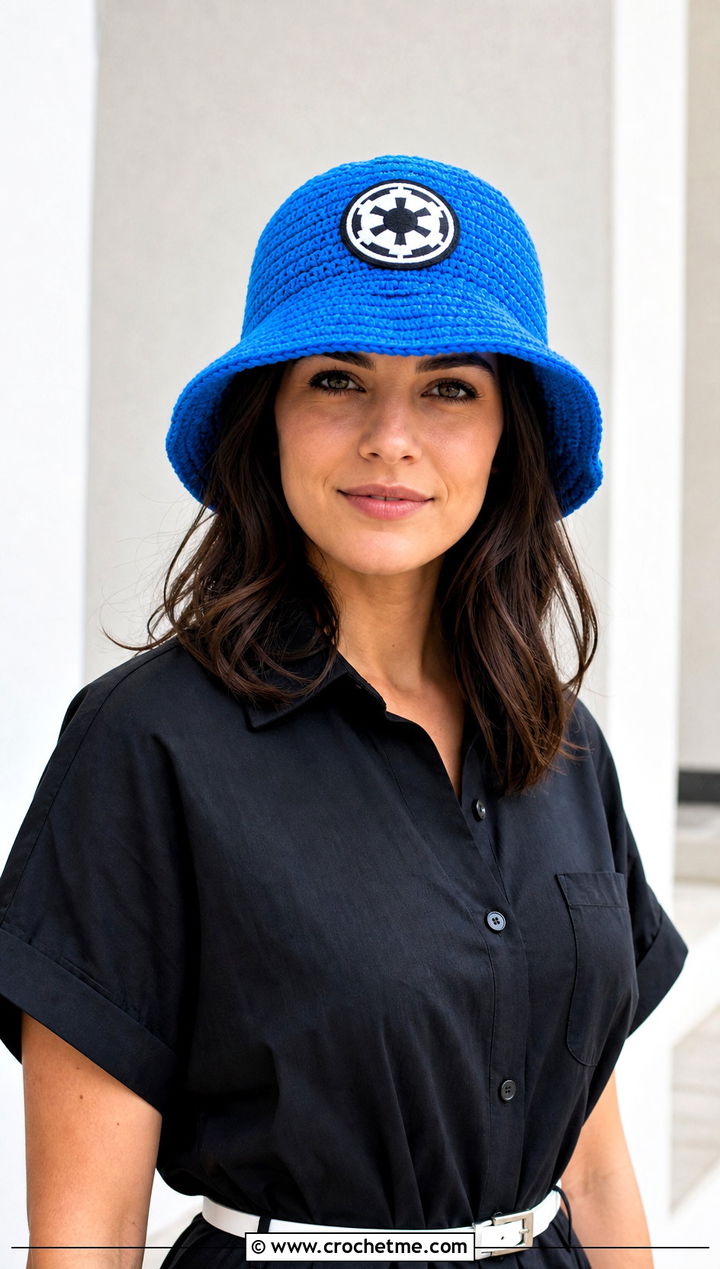 Imperial Logo Crochet Bucket Hat With Shirt Dress - 30 crochet star wars hat outfit ideas