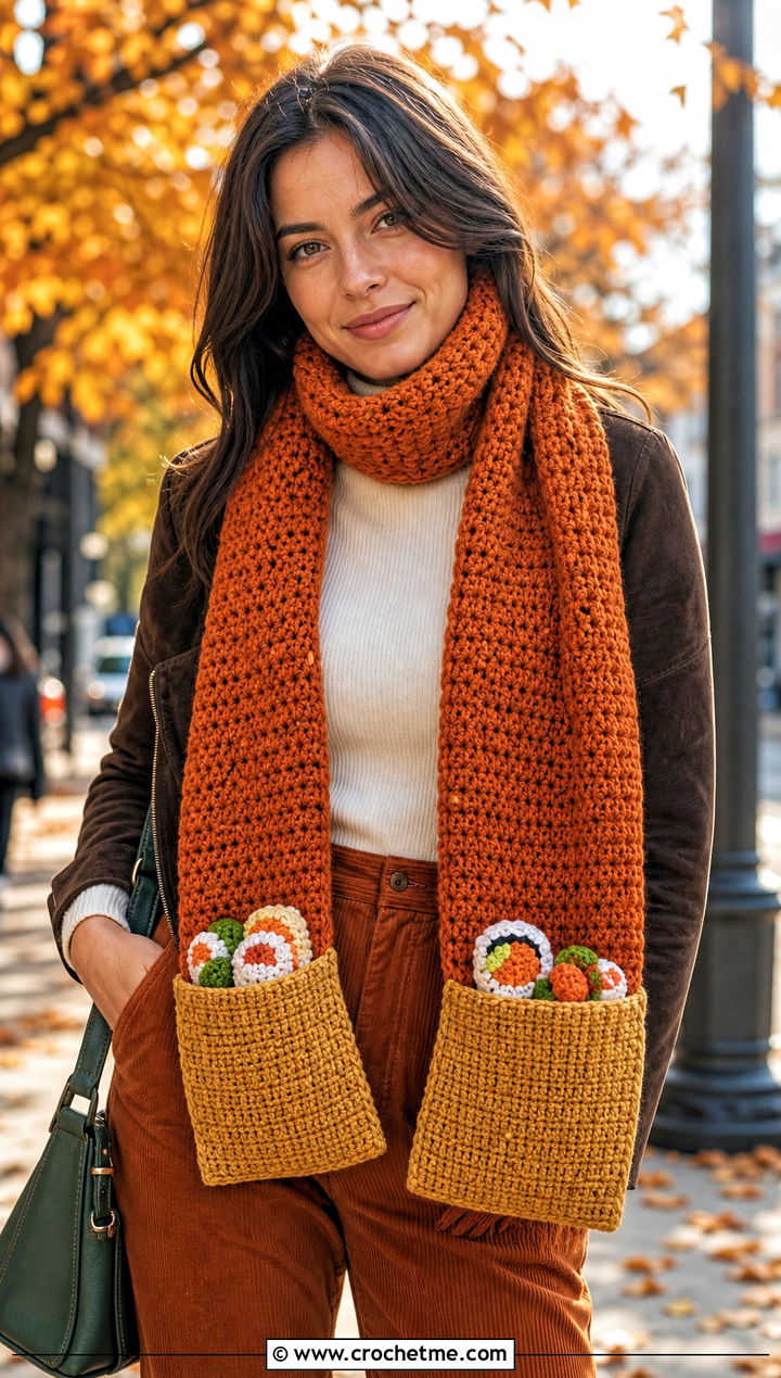 Inari Crochet Sushi Scarf With Corduroy Outfit - 30 crochet sushi scarf outfit ideas