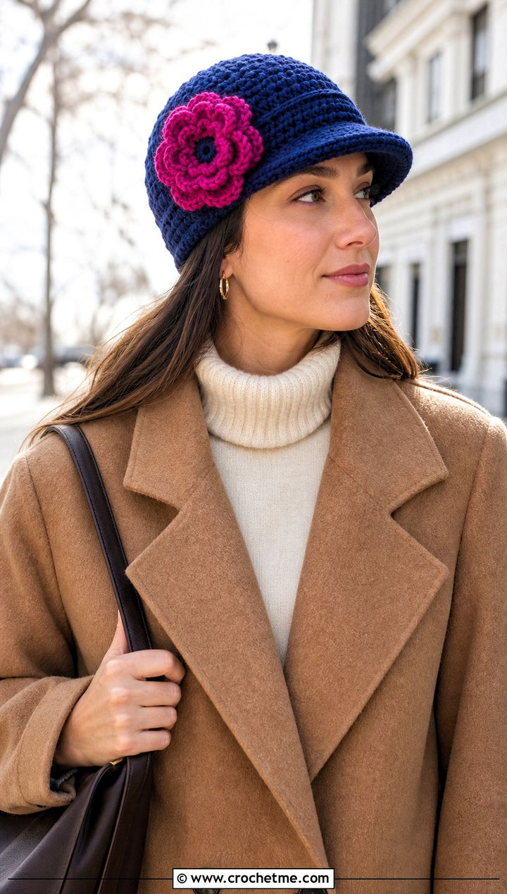 Indigo Blue Crocheted Brimmed Beanie With Flower And Wool Coat Outfit - 15 Blue Crocheted Hat With Flower outfit ideas