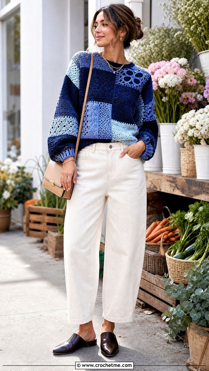 Indigo Blue Patchwork Crochet Sweater With Ecru Jeans - 35 blue crochet sweater outfit ideas