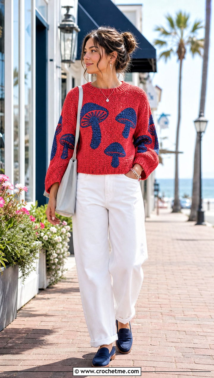 Indigo Milk Cap Mushroom Crochet Sweater With White Denim - 25 mushroom crochet sweater outfit ideas