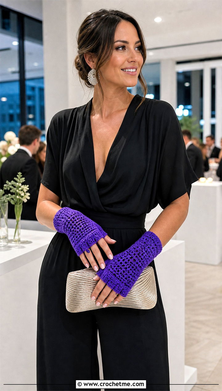 Individual Finger DK Yarn Crochet Fingerless Gloves With Evening Jumpsuit - 25 dk yarn crochet fingerless gloves outfit ideas
