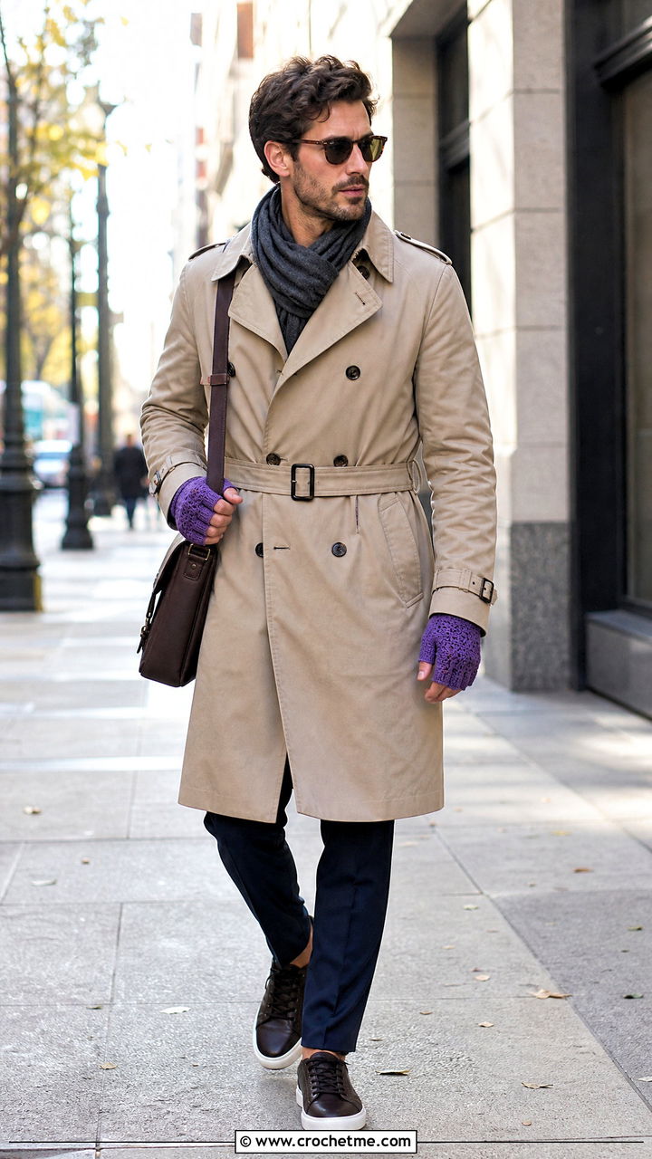 Individual Finger Hole Crochet Gloves With Trench Coat - 35 crochet gloves for men outfit ideas