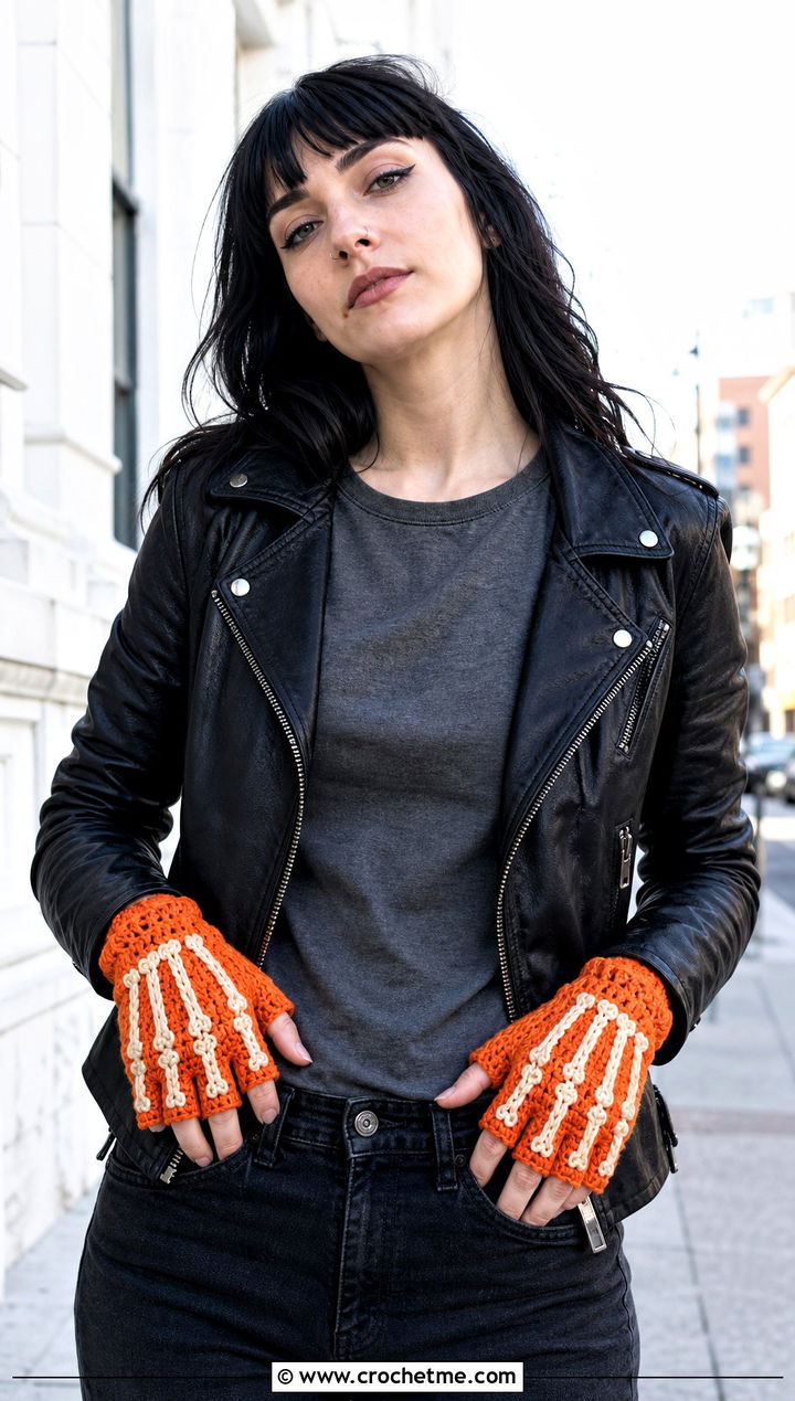 Individual Finger Hole Skeleton Crochet Gloves With Leather Jacket - 15 Skeleton Crochet Fingerless Gloves outfit ideas