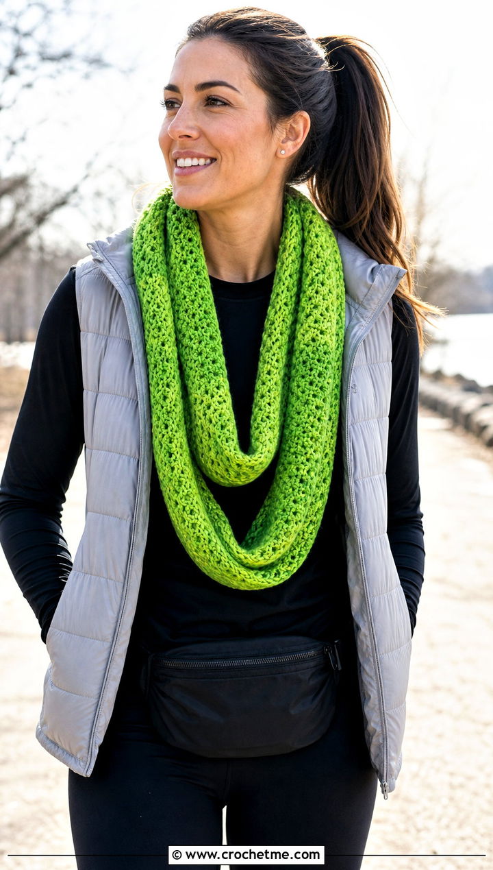Infinity Candy Scarf With Puffer Vest And Leggings - 15 crochet candy scarf outfit ideas