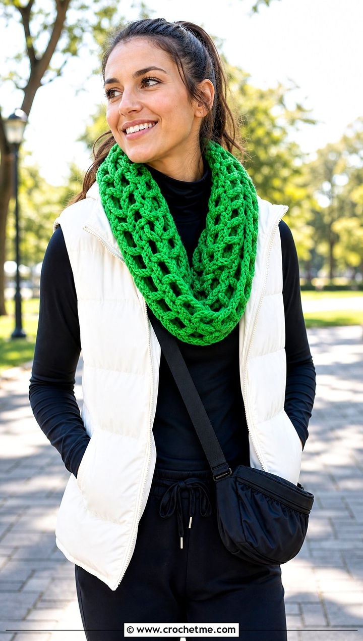 Infinity Chain Link Cowl With Puffer Vest - 25 Crochet Chain Link Scarf outfit ideas