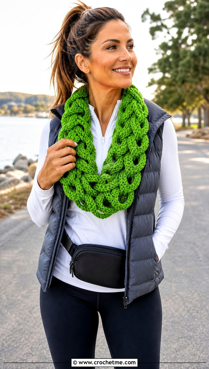 Infinity Chain Link Crochet Scarf With Puffer Vest And Leggings - 15 Chain Link Crochet Scarf outfit ideas