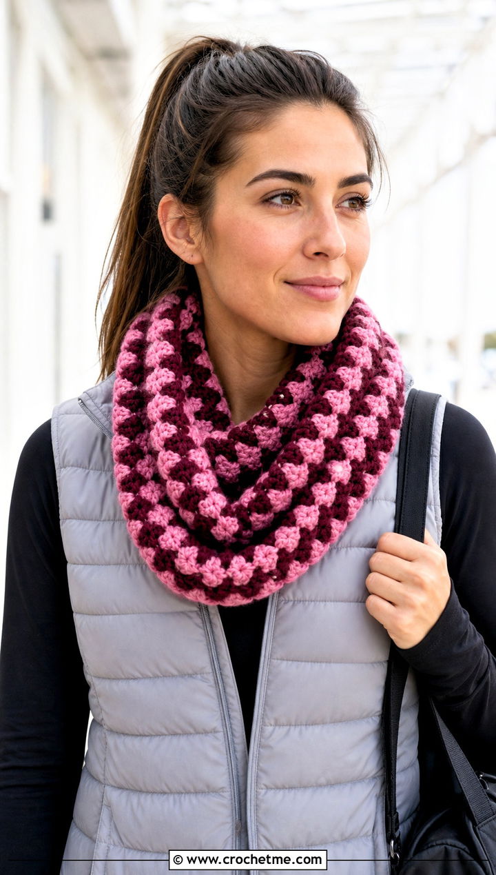 Infinity Checkered Crochet Scarf With Puffer Vest and Leggings - 20 Checkered Crochet Scarf outfit ideas