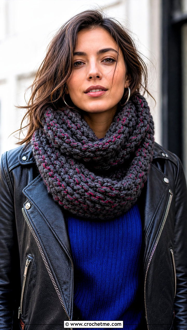 Infinity Chunky Gray Crochet Scarf With Leather Jacket - 15 Chunky Gray Crochet Scarf outfit ideas