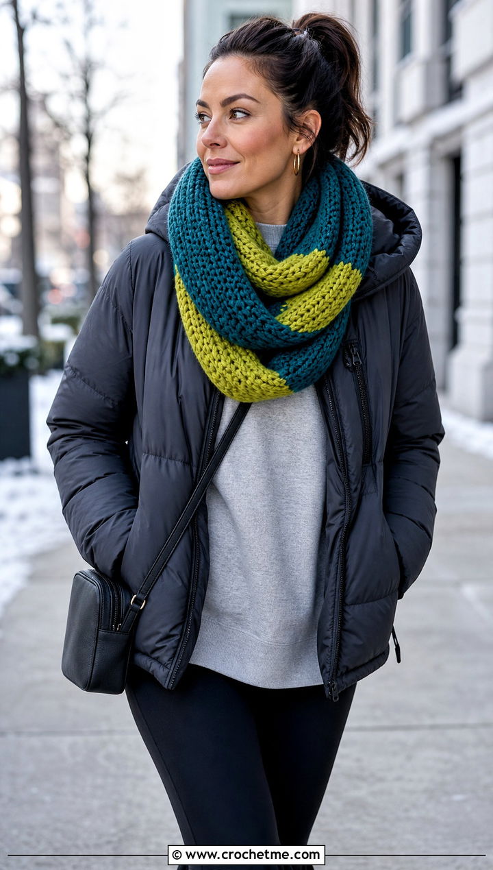 Infinity Color Block Crochet Scarf With Puffer Jacket - 25 Color Block Crochet Scarf outfit ideas