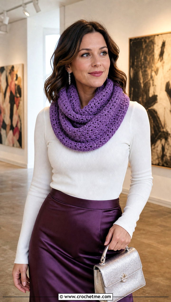Infinity Cowl With Satin Midi Skirt - 15 Cowls To Crochet outfit ideas