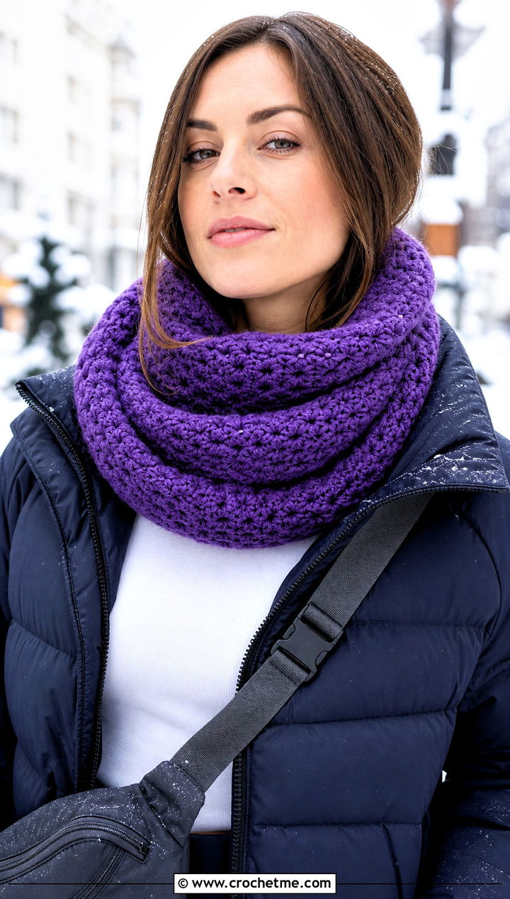 Infinity Crochet Cashmere Scarf With Puffer Jacket - 25 crochet cashmere scarf outfit ideas