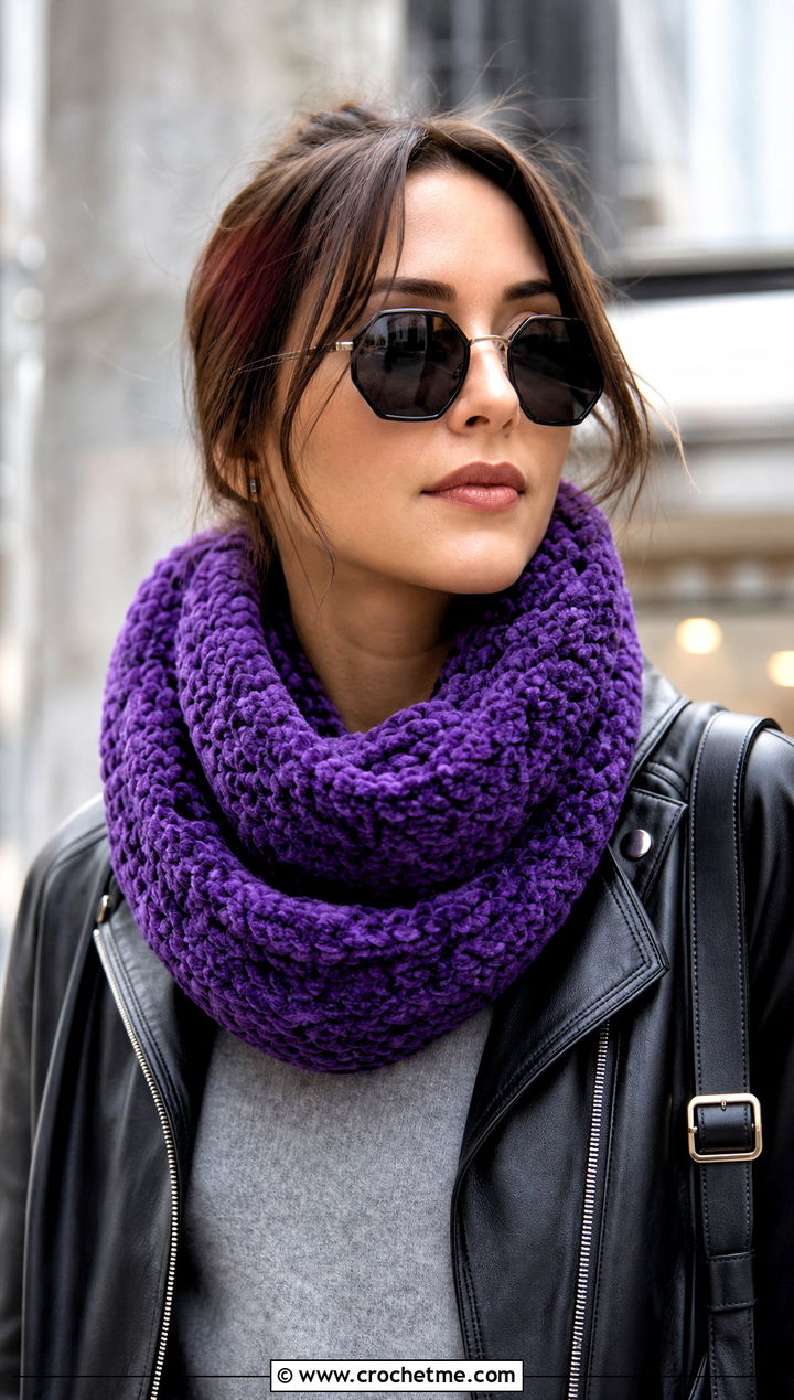 Infinity Crochet Chenille Scarf With Leather Jacket - 25 crochet chenille scarf outfit ideas