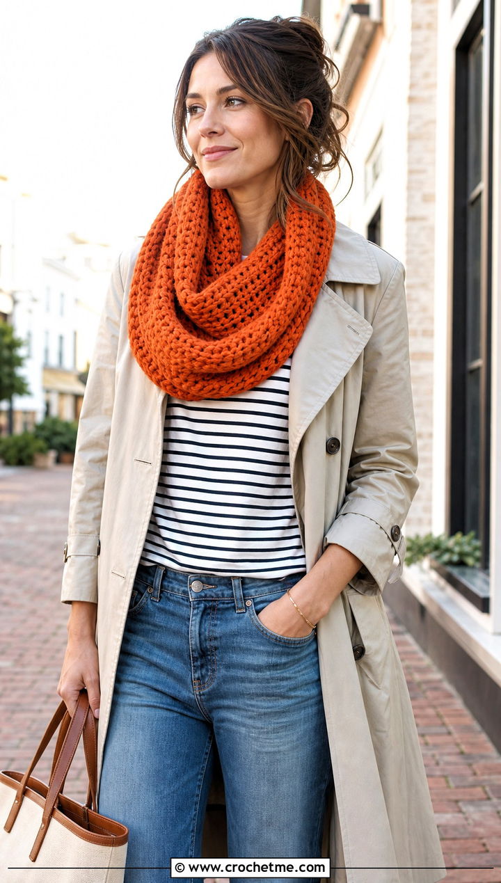 Infinity Crochet Chunky Cowl With Trench Coat - 30 crochet chunky cowl outfit ideas