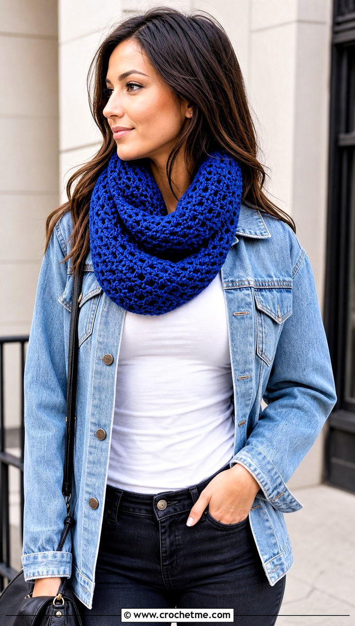 Infinity Crochet Cowl With Denim Jacket - 20 Simple Crochet Cowl outfit ideas