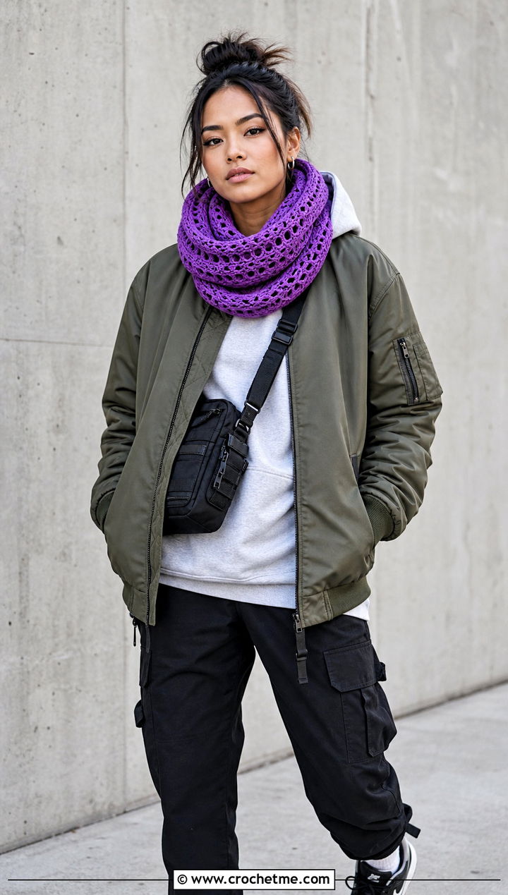 Infinity Crochet Cowl With Hoodie And Cargo Pants - 15 Crochet For Cowl Scarf outfit ideas
