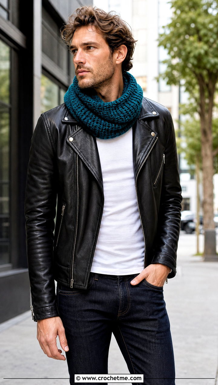 Infinity Crochet Cowl With Leather Jacket - 30 crochet cowl for men outfit ideas