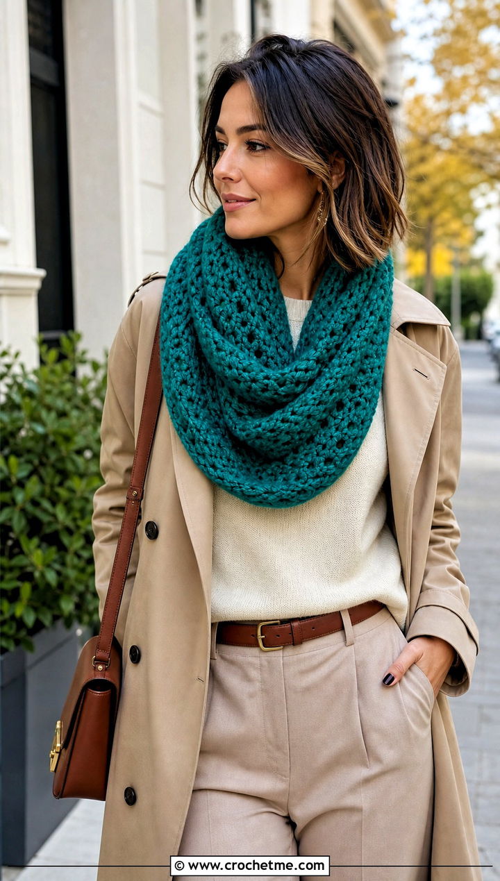 Infinity Crochet Fall Scarf With Trench Coat - 15 Crochet Fall Scarf outfit ideas