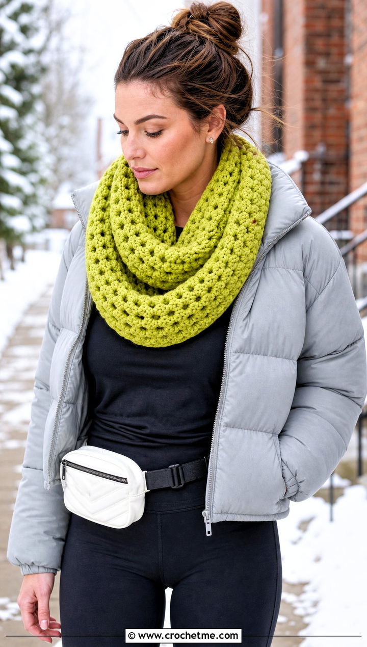 Infinity Crochet Granny Stitch Scarf With Puffer Jacket - 30 crochet granny stitch scarf outfit ideas