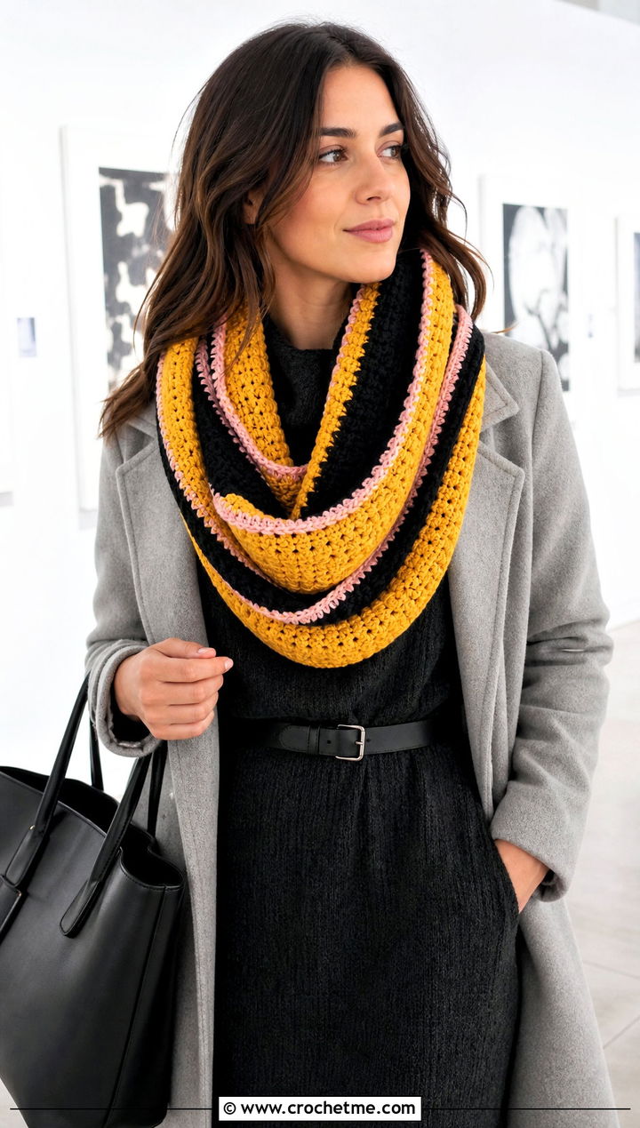 Infinity Crochet Hufflepuff Scarf With Sweater Dress - 30 crochet hufflepuff scarf outfit ideas