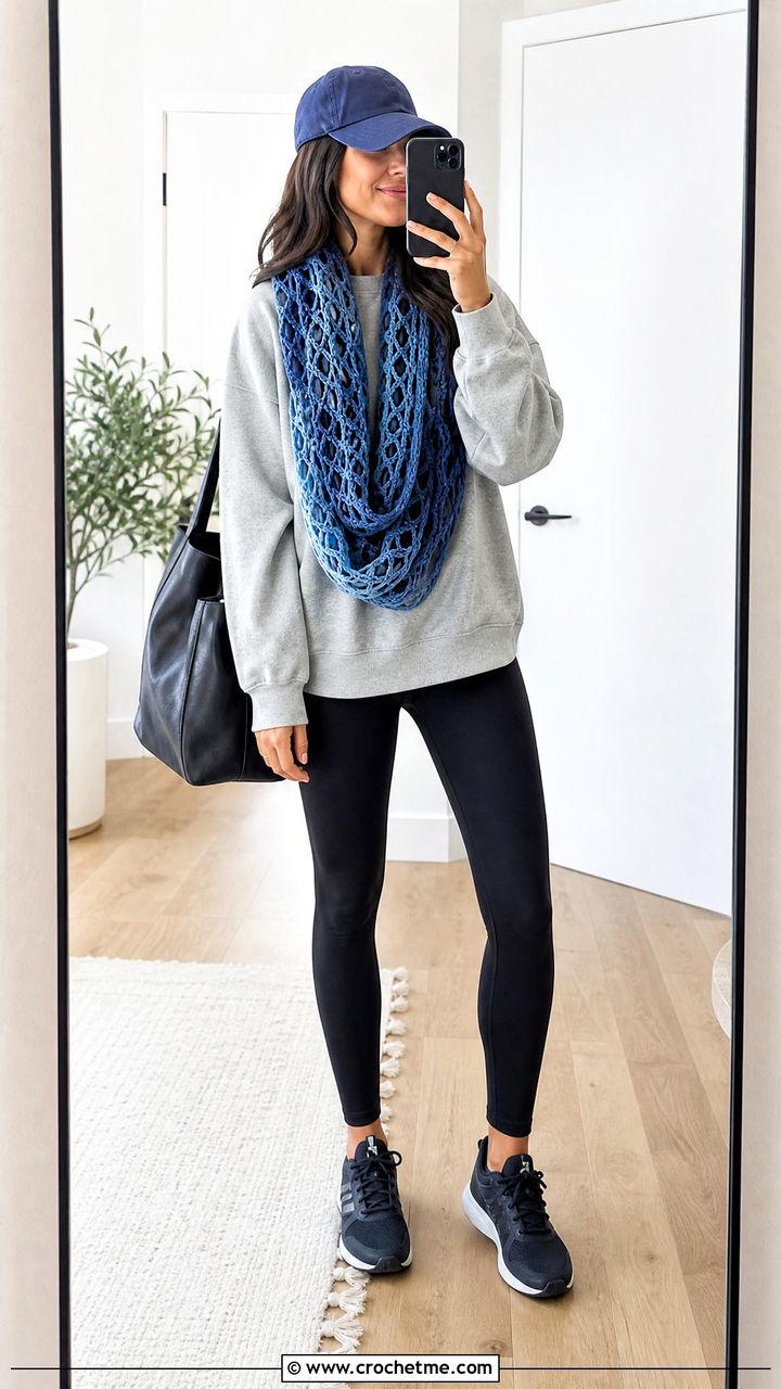 Infinity Crochet Lace Scarf With Sweatshirt And Leggings - 35 crochet lace scarf outfit ideas
