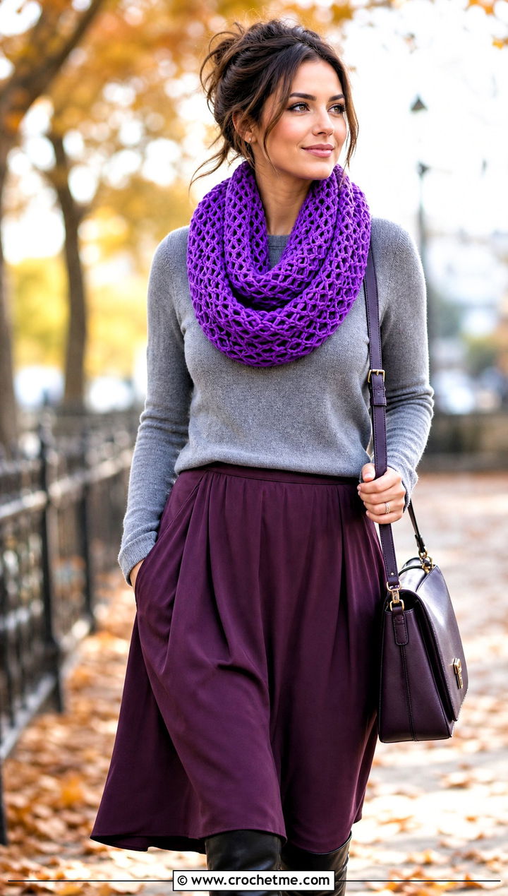 Infinity Crochet Mesh Scarf With Sweater And Midi Skirt - 25 Crochet Mesh Scarf outfit ideas
