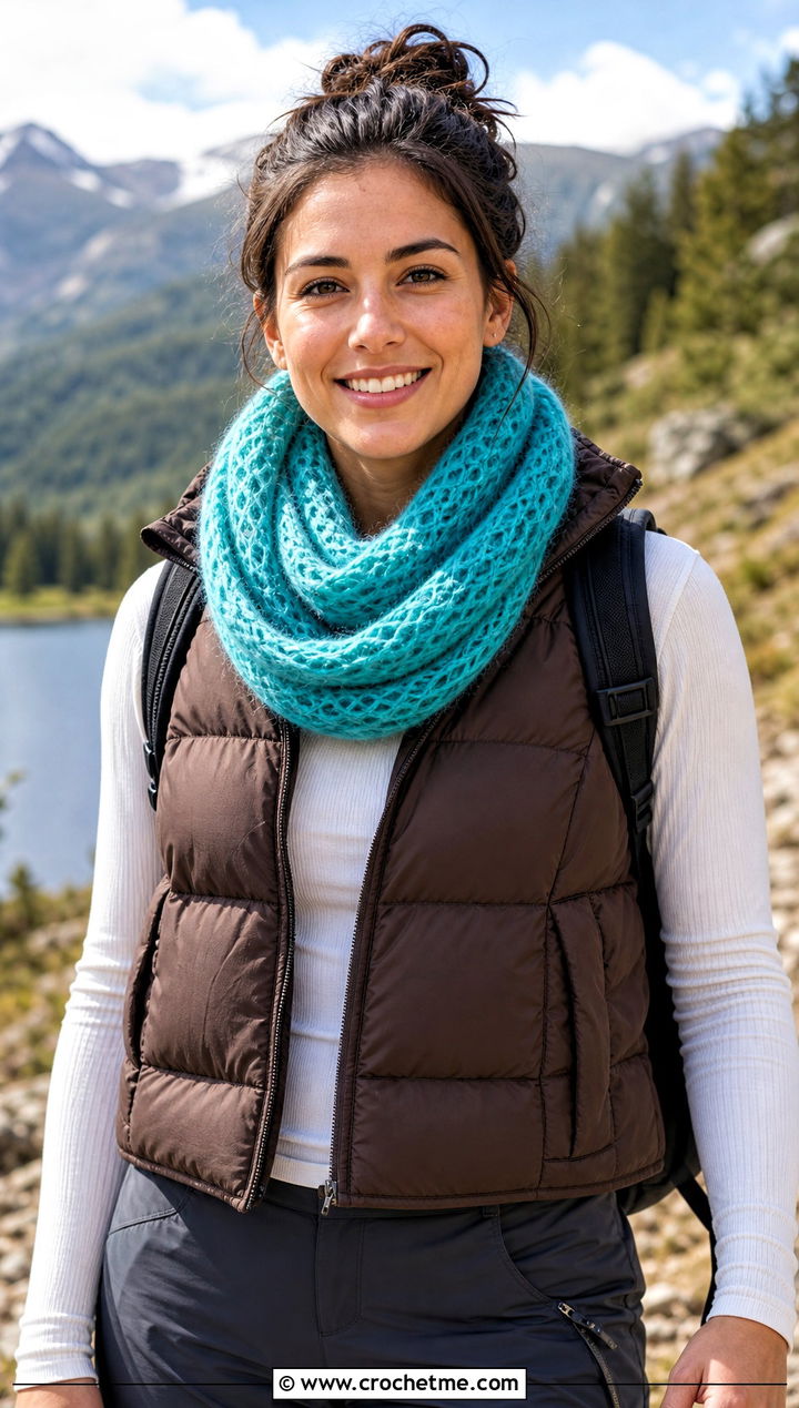 Infinity Crochet Mohair Scarf With Puffer Vest - 30 crochet mohair scarf outfit ideas