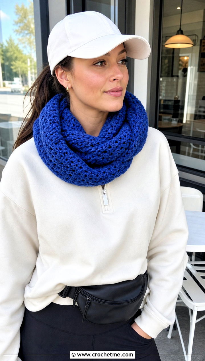 Infinity Crochet Mood Scarf With Half Zip Sweatshirt And Leggings - 15 Crochet Mood Scarf outfit ideas