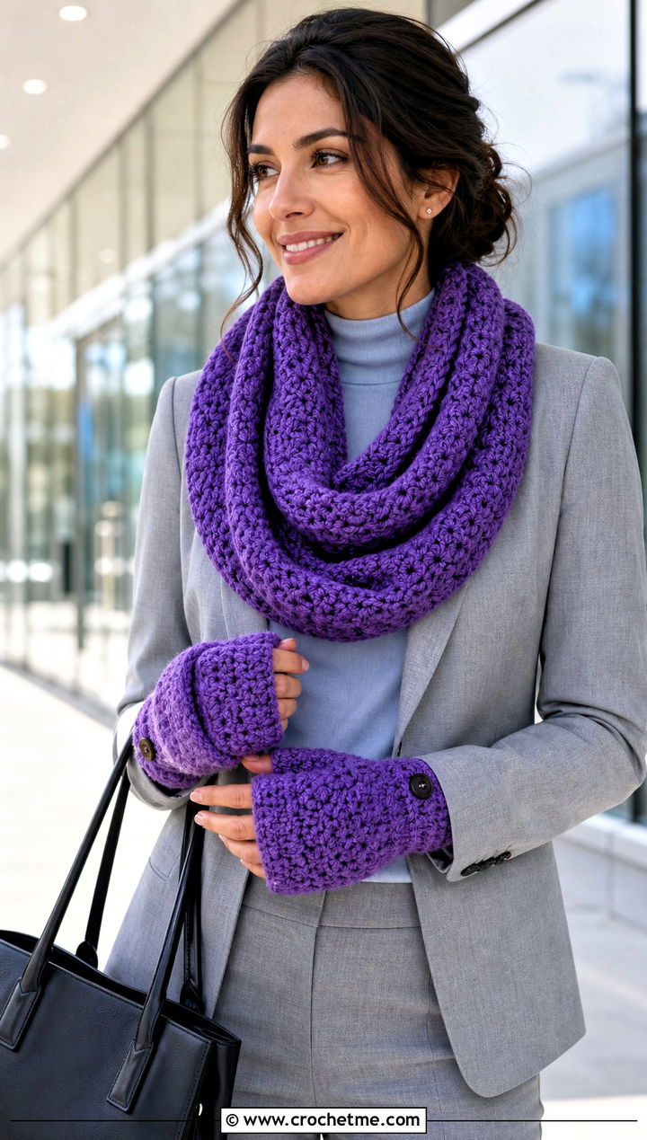 Infinity Crochet Scarf And Convertible Mittens With Tailored Suit - 15 Crochet Scarf And Mittens Set outfit ideas