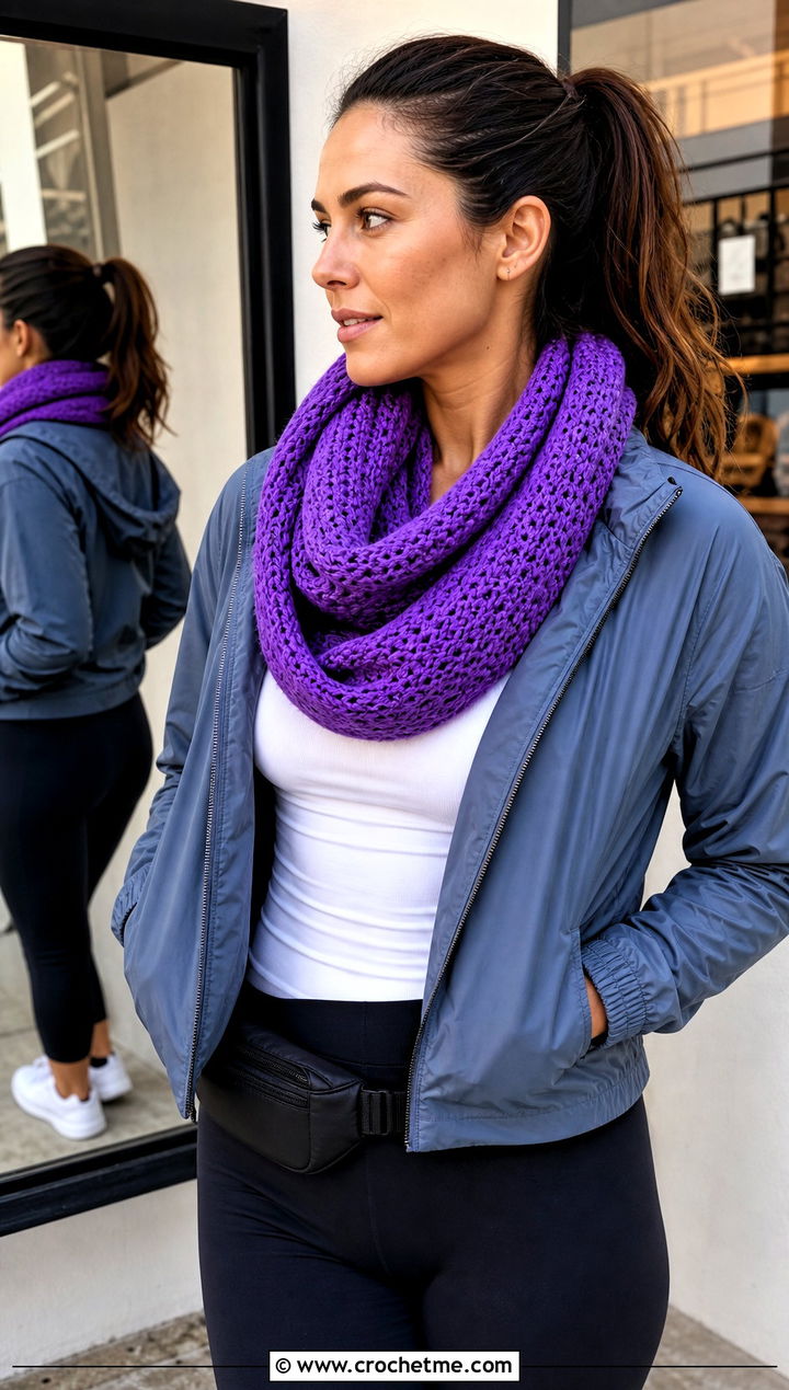 Infinity Crochet Scarf With Athleisure Outfit - 20 Crochet Textured Scarf outfit ideas