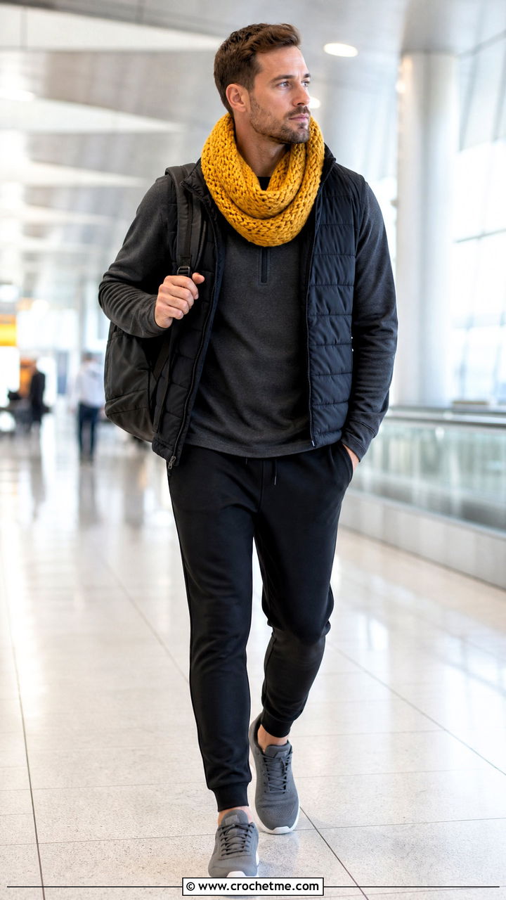 Infinity Crochet Scarf With Athleisure Outfit - 35 crochet scarf for men outfit ideas