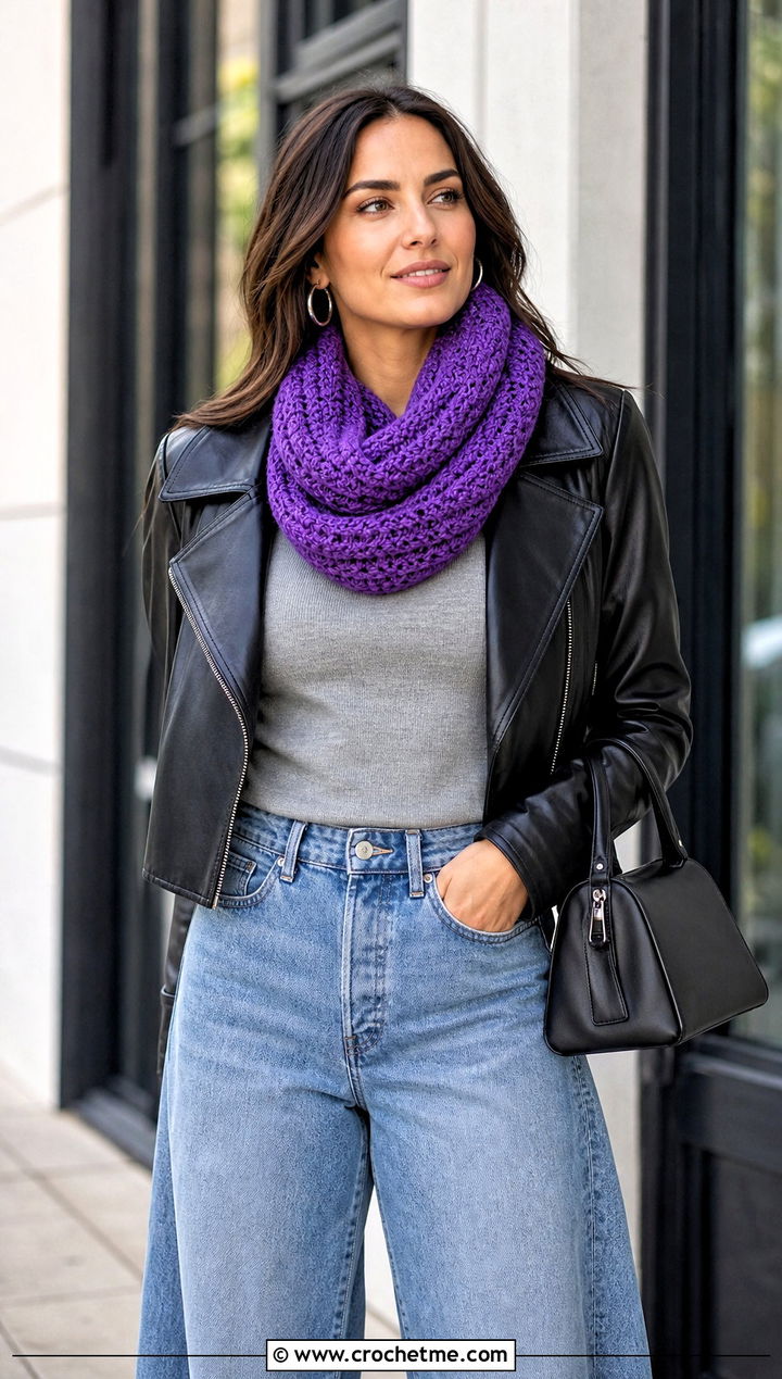 Infinity Crochet Scarf With Barrel Leg Jeans - 25 denim and crochet scarf outfit ideas