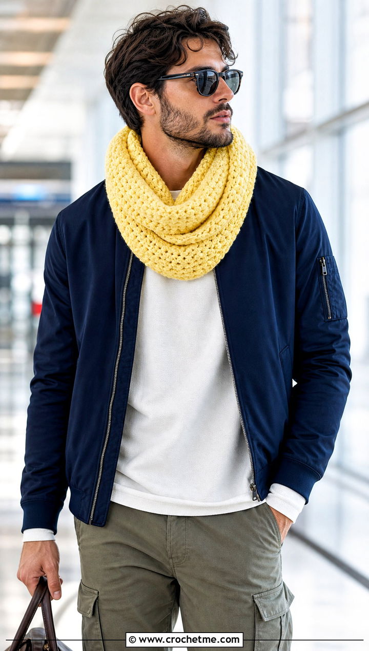 Infinity Crochet Scarf With Bomber Jacket - 30 Mens Crochet Scarf outfit ideas