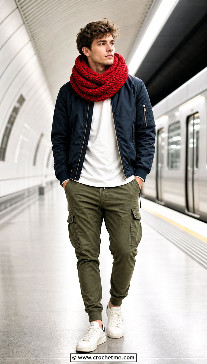 Infinity Crochet Scarf With Bomber Jacket - 35 men crochet scarf outfit ideas