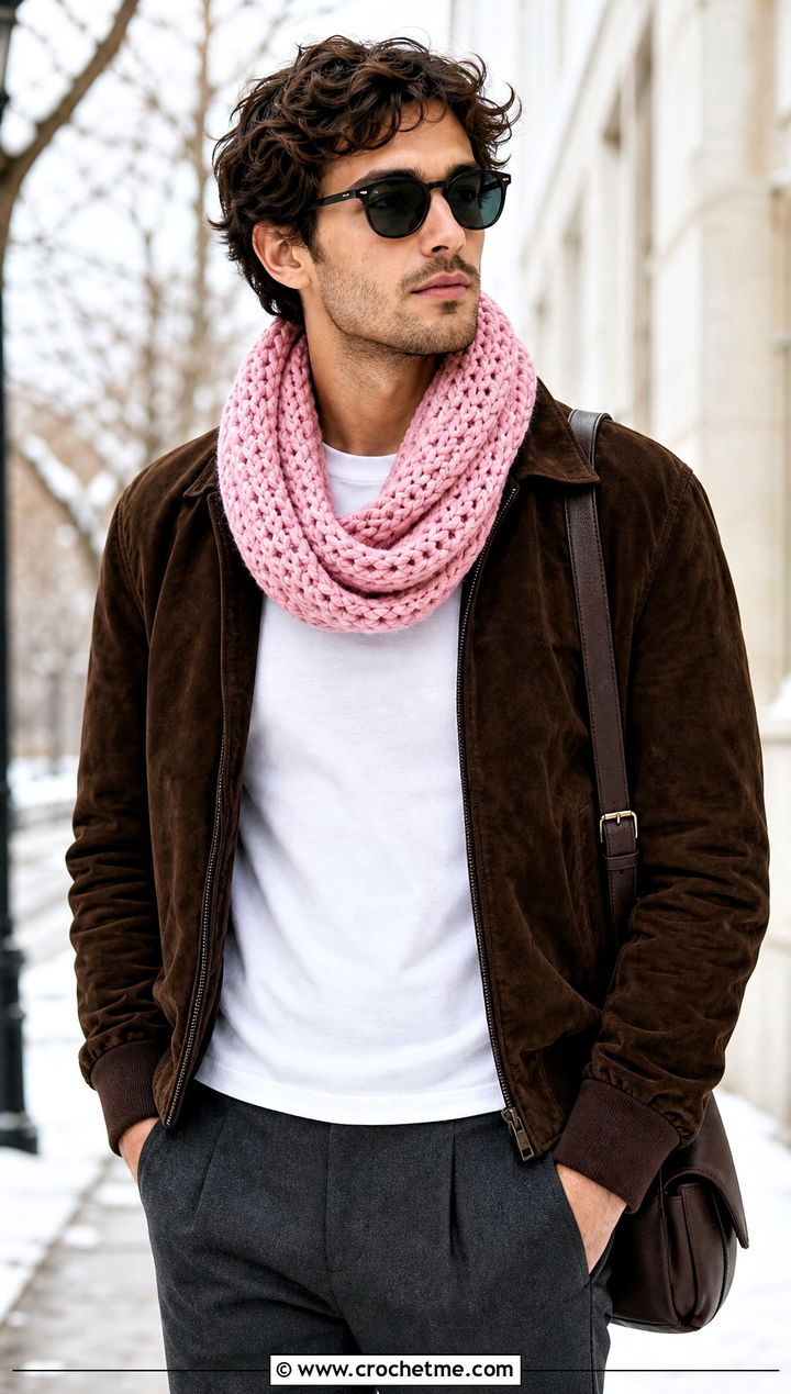 Infinity Crochet Scarf With Bomber Jacket - 20 Mens Winter Crochet Scarf outfit ideas