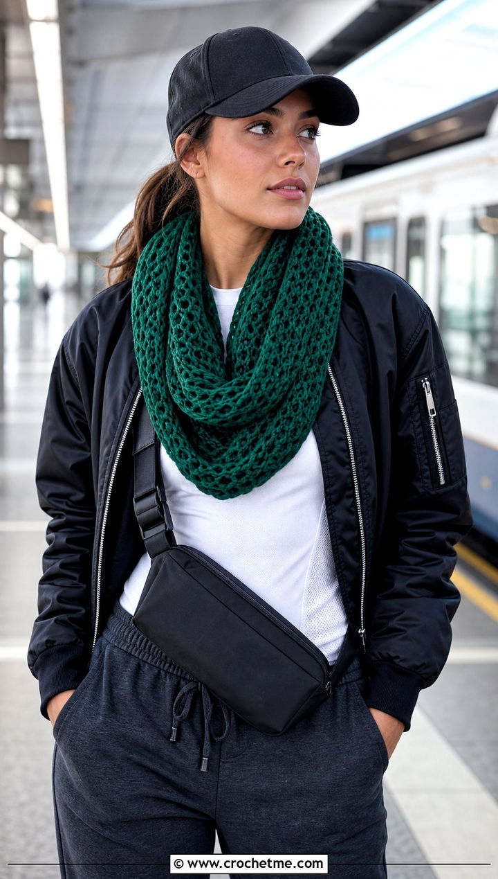 Infinity Crochet Scarf With Bomber Jacket and Joggers - 15 Light Crochet Scarf outfit ideas