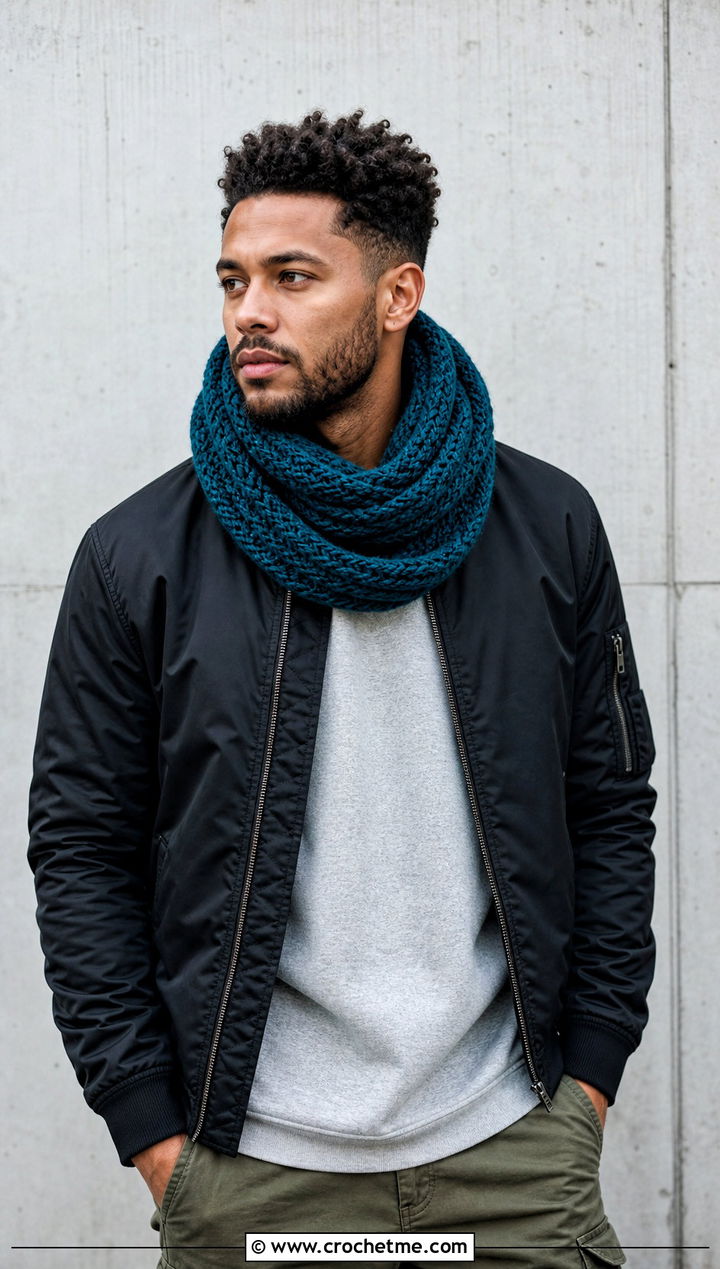Infinity Crochet Scarf With Bomber Jacket - 30 crochet scarf ideas for men