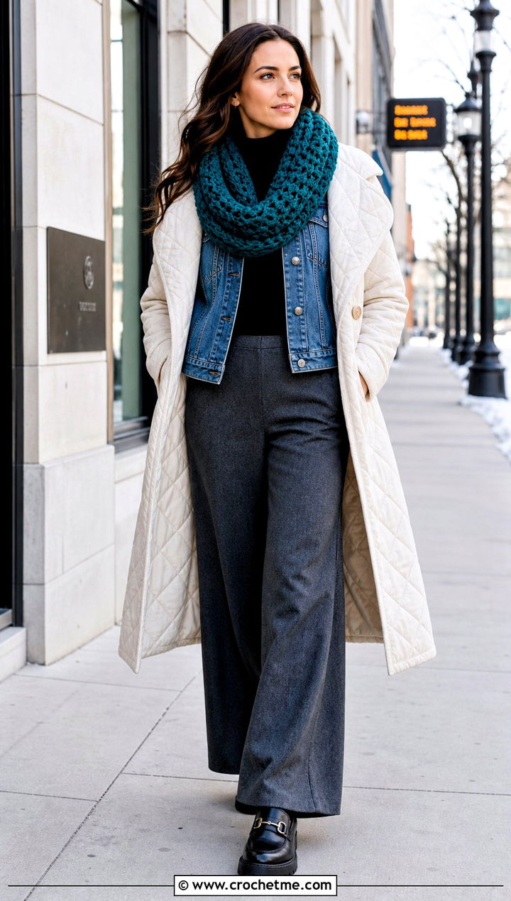 Infinity Crochet Scarf With Denim Jacket and Wide Leg Pants - 35 Winter Crochet Scarf outfit ideas