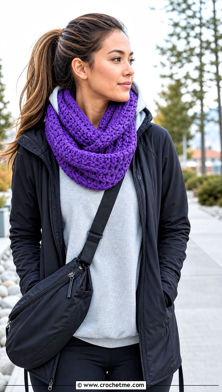 Infinity Crochet Scarf With Hoodie And Leggings - 15 Crochet Fancy Scarf outfit ideas
