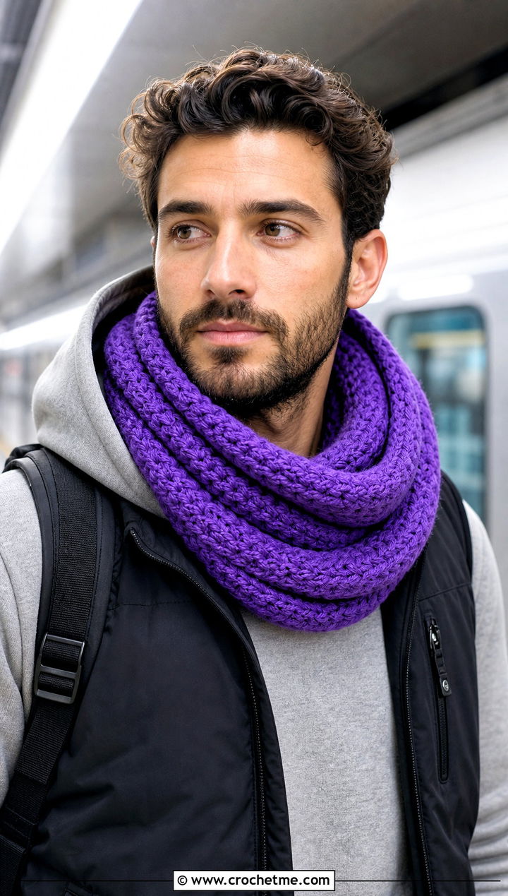 Infinity Crochet Scarf With Hoodie - 20 men's crocheted scarf outfit ideas