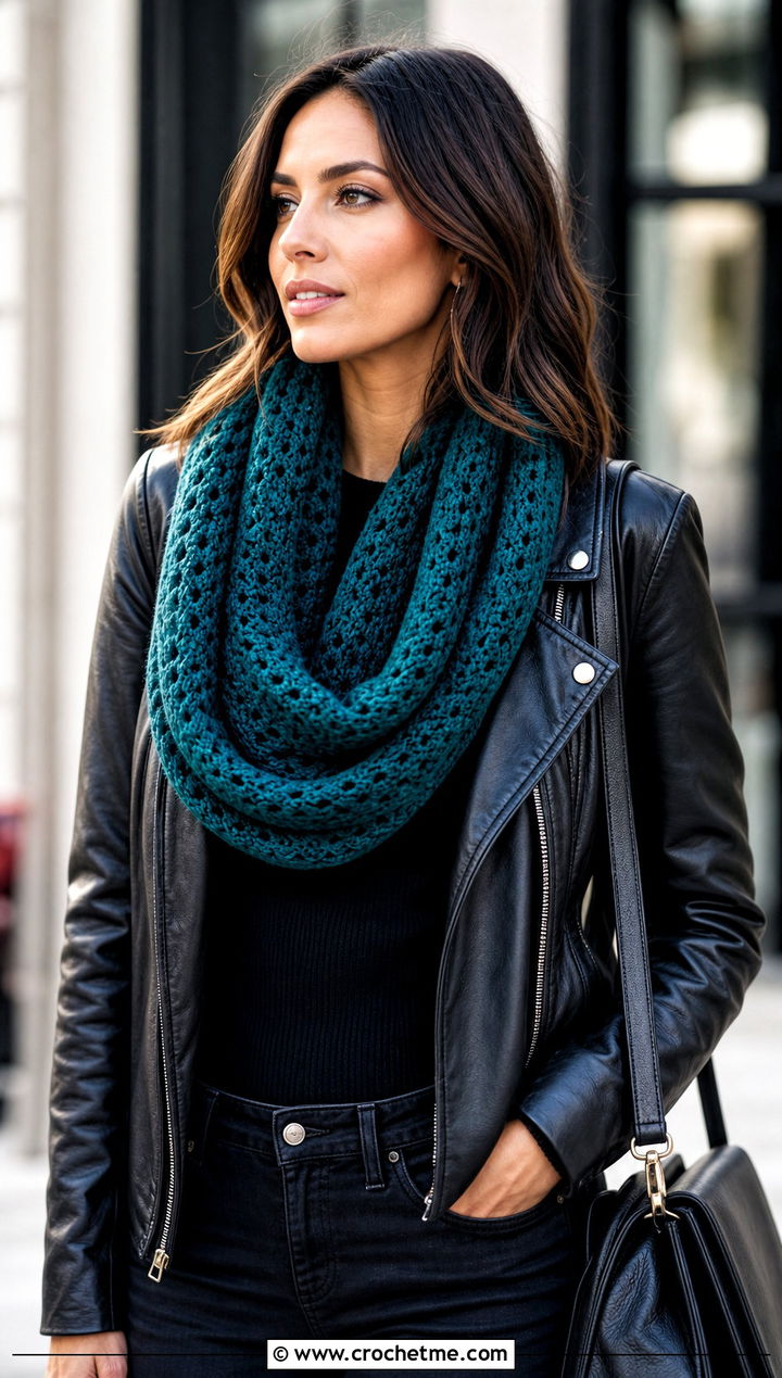 Infinity Crochet Scarf With Leather Jacket - 30 unique crochet scarf outfit ideas