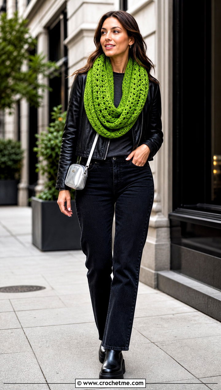 Infinity Crochet Scarf With Leather Jacket - 35 crocheted scarf outfit ideas