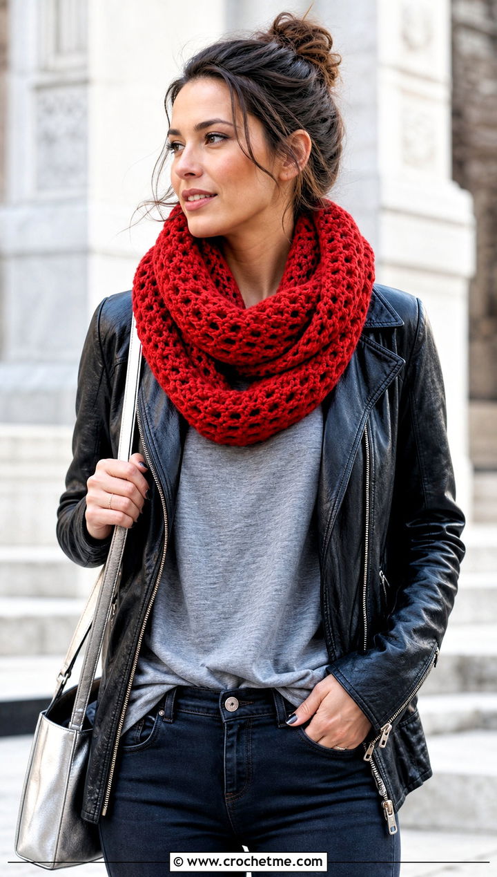 Infinity Crochet Scarf With Leather Jacket - 25 crochet scarf design ideas