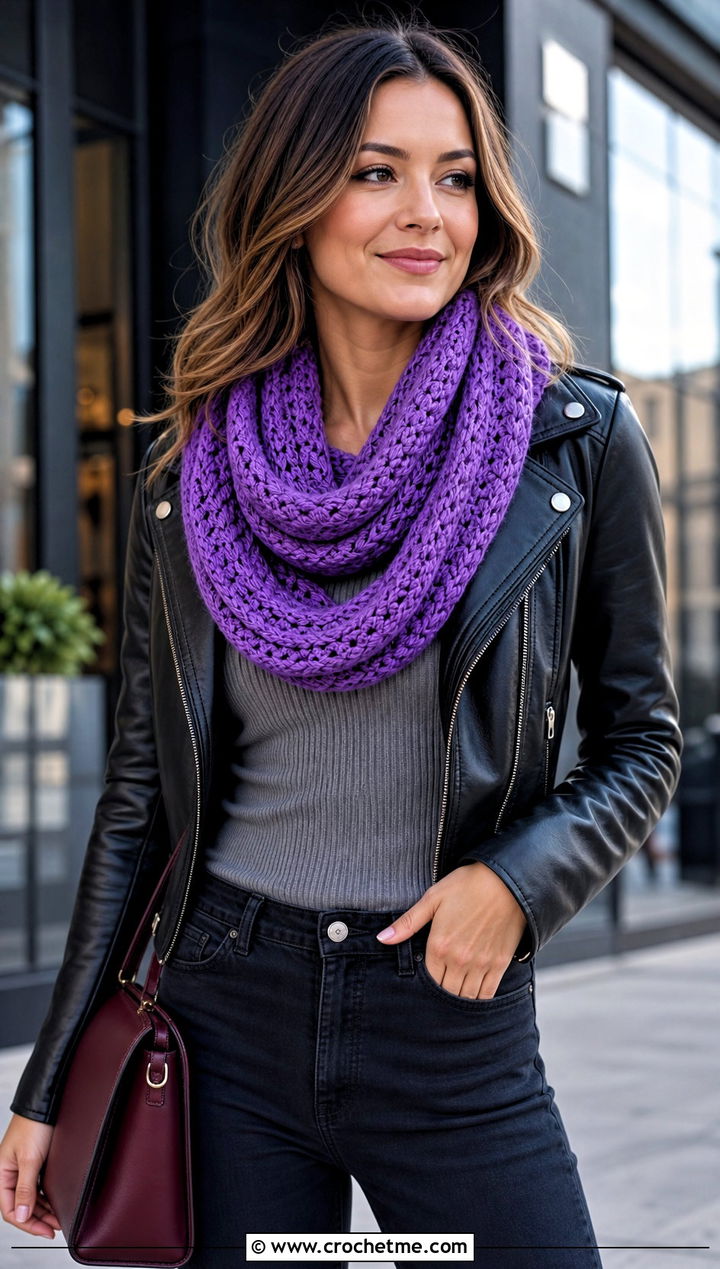 Infinity Crochet Scarf With Leather Jacket And Straight Jeans - 20 Elegant Crochet Scarf outfit ideas