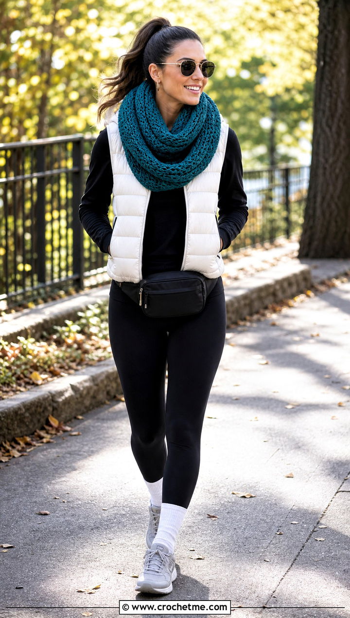 Infinity Crochet Scarf With Leggings And Puffer Vest - 35 easy crochet scarf for beginners outfit ideas